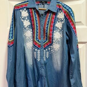 Andree Embroidered Denim Shirt with Colorful Pattern button up long sleeve boho